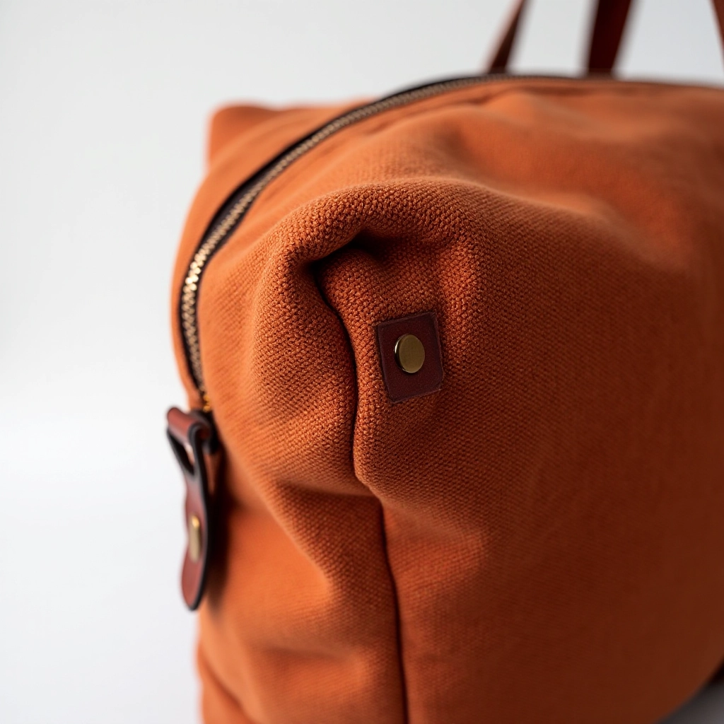 Detailed view of waxed canvas texture showing rust-colored material with natural patina developing, close-up of leather accents and stitching on messenger bag