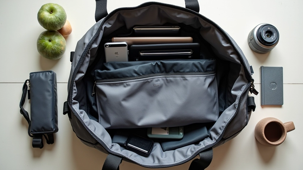 Open tote bag showing organized laptop compartment and pockets