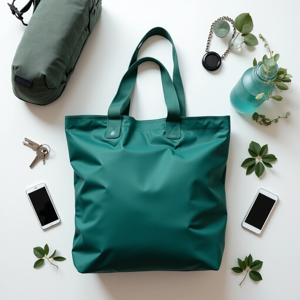 Flat lay product photography showing forest-green tote with reflective details, cycling accessories, and urban commute essentials arranged artfully
