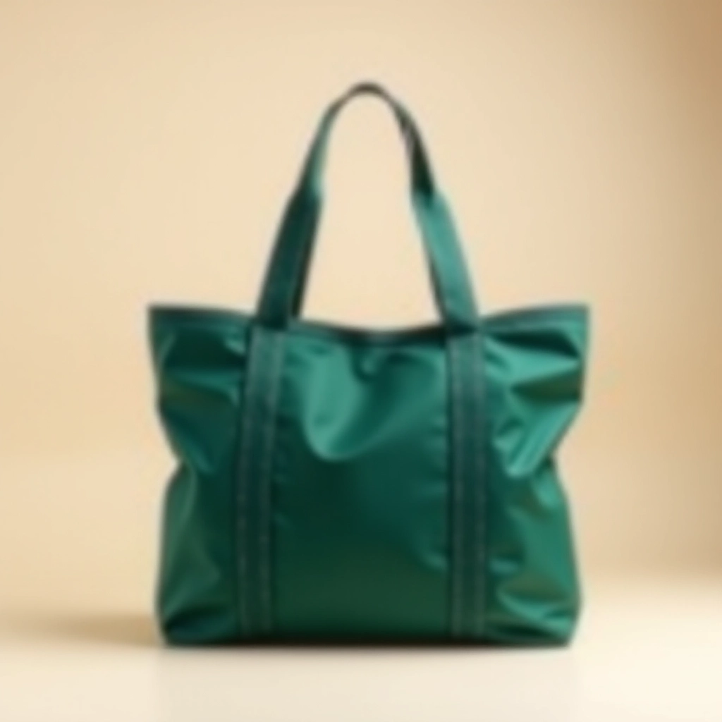 Forest-green lightweight tote bag with reflective piping and structured base displayed on light beige background, professional product photography