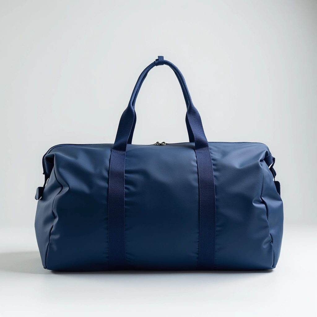 Navy blue duffel bag with visible wet-dry compartment displayed on light grey background, professional product photography with handles and strap visible