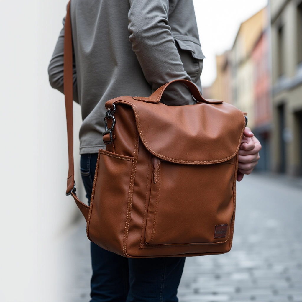 Person wearing rust-colored messenger bag across body during commute, showing comfortable fit and professional appearance on city street