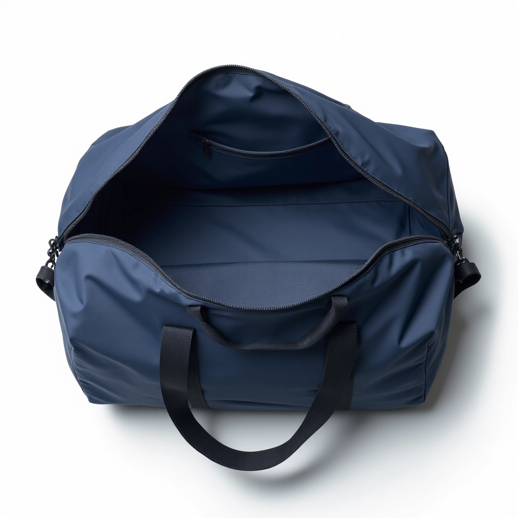 Duffel bag laid flat open showing interior ventilation mesh pocket and compartments, ready for cleaning and maintenance demonstration