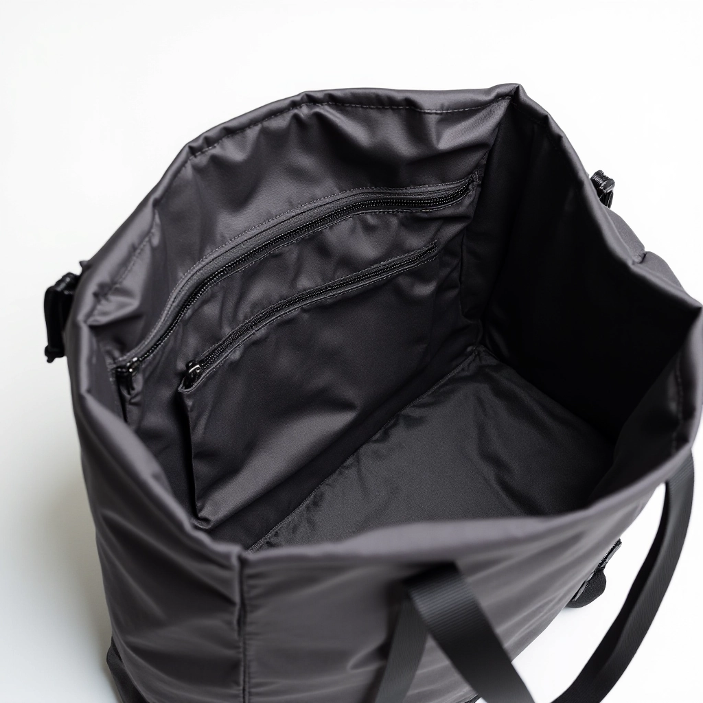 Interior view of forest-green tote showing main compartment, small zippered pocket, and structured base panel organization
