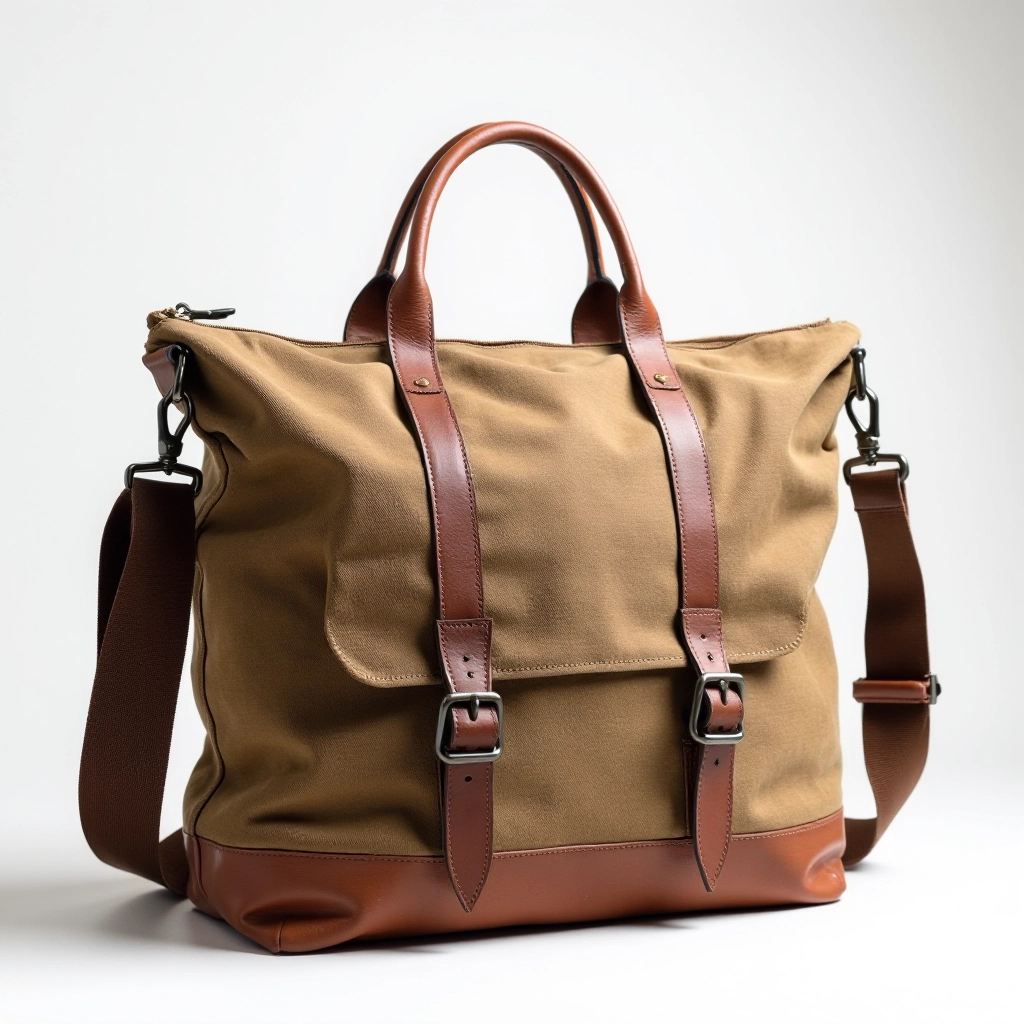 Aged messenger bag showing natural patina development on canvas, leather handles with rich color variation, demonstrating character gained from daily use over months
