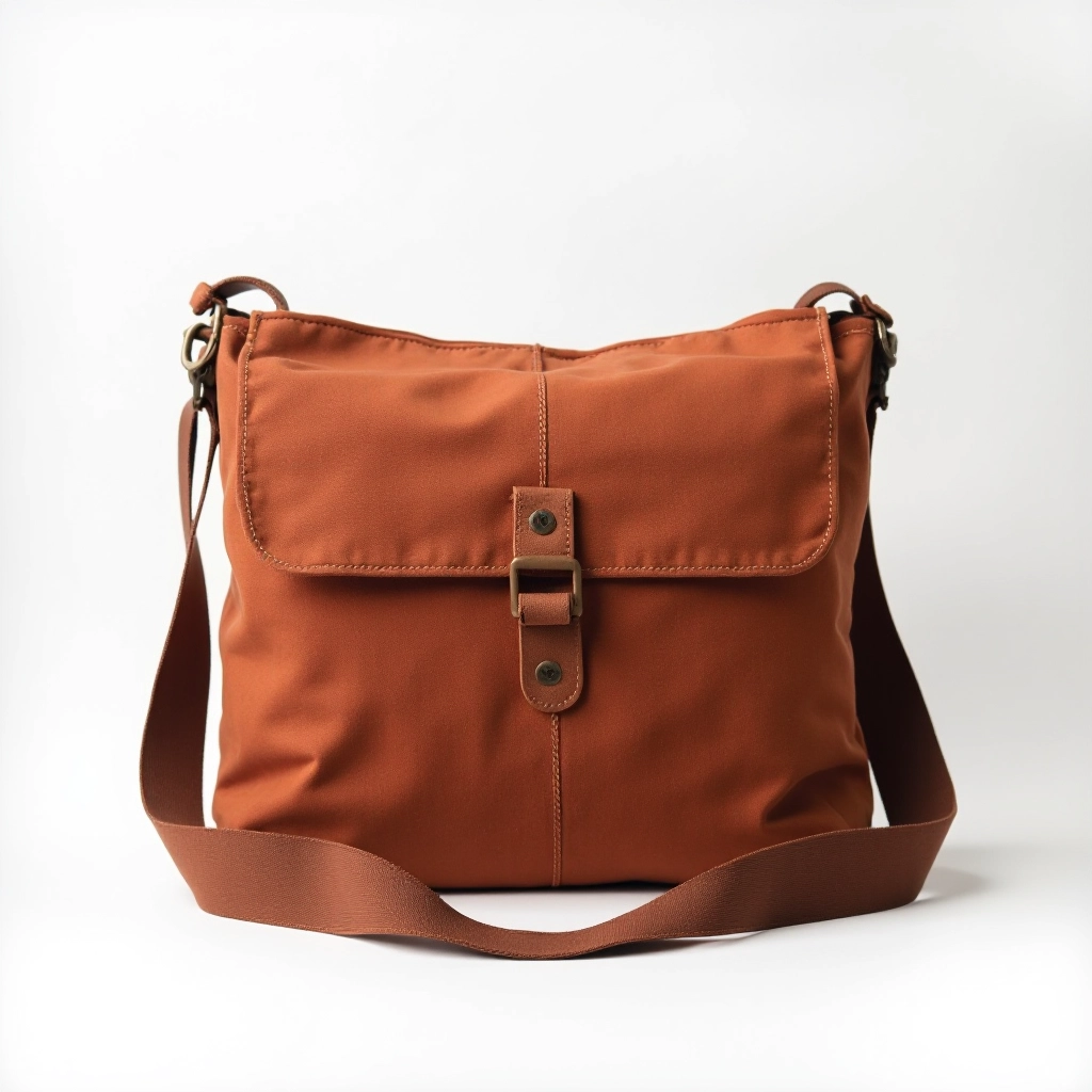 Rust-colored waxed canvas messenger bag with leather accents and cross-body strap on white background, professional product photography with vintage appeal