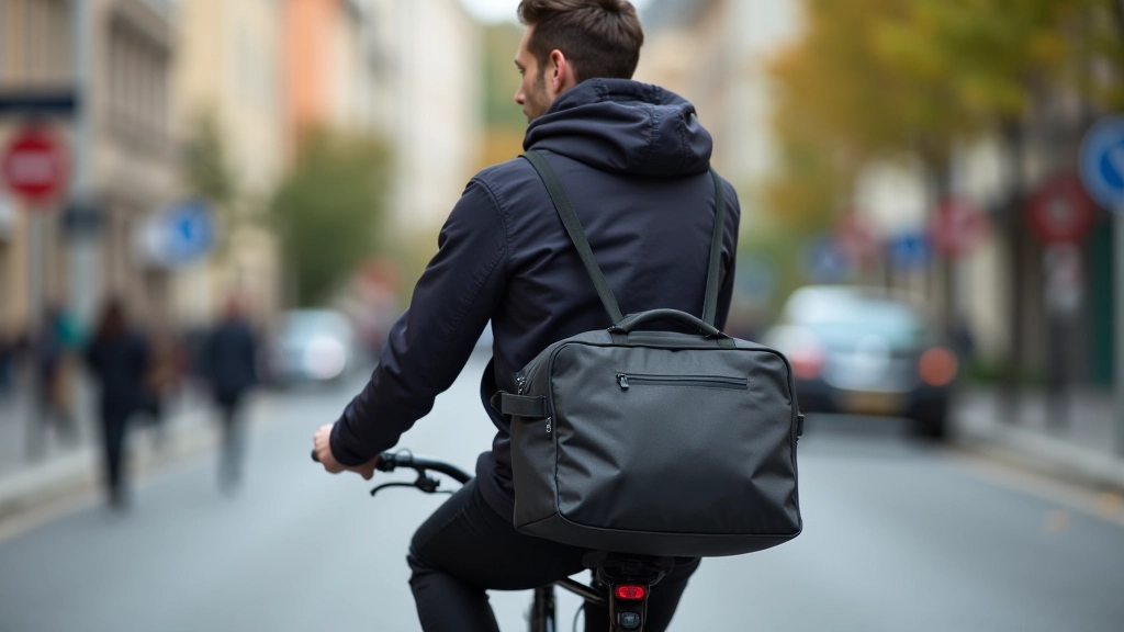 Person carrying urban commute tote on bicycle in city